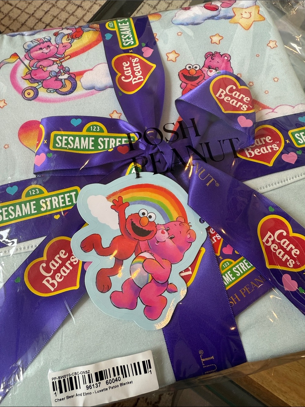 Posh Peanut Light Blue Care Bears x Sesame Street Elmo & Cheer Bear Blanket